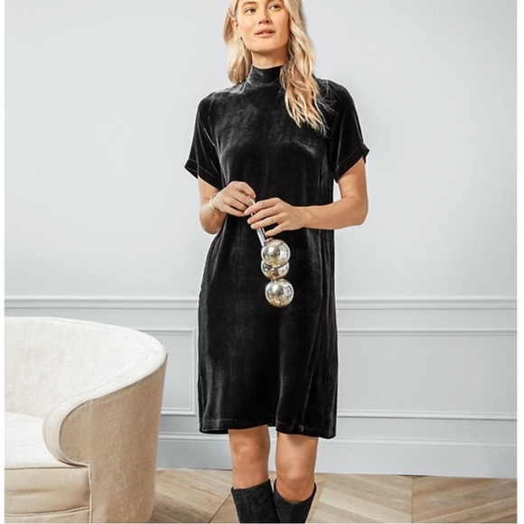 Eileen Fisher Velvet Mock Neck Back Tie Dress - Picture 1 of 11